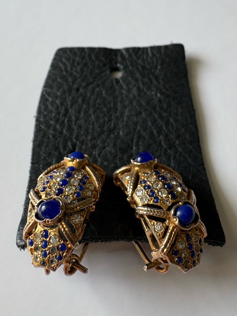 Vintage Gold Domed Sculptural Lapis Cabochon Rhinestone Diamond Stud Earrings - Picture 8 of 16